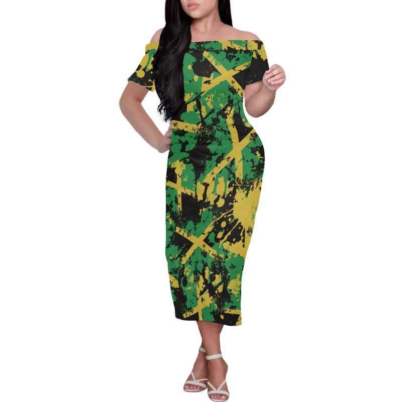 Custom Logo Jamaican Flag Print Short Sleeve Off Shoulder Dress for Women  OME Suppliers Jamaica Party Sexy Bodycon Dresses Lady| Alibaba.com