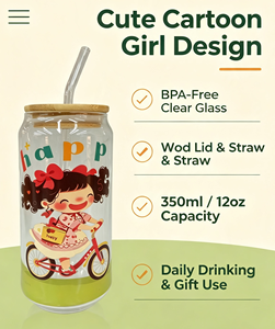 Vaso de Vidrio de Borosilicato con Diseño de Chica con Pelo Rizado en Bicicleta, Tapa de Bambú y Pajita, Resistente al Calor, con Forma de Lata de Refresco - Product Image 3