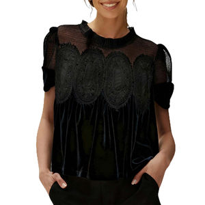 Nouvelle Blouse en Velours et Dentelle pour <span class=keywords><strong>Femme</strong></span> Printemps 2026, Col Rond, Manches Courtes, Coupe Évasée, Haut Élégant et Ample avec Design Intricate au Dos - Product Image 6