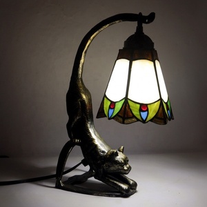 LongHuiJing 6-Inch Vintage Tiffany Stained Glass Cat Flower Table <b>Lamp</b> for Restaurants Elegant Home Decor and <b>Office</b> Lighting - Product Image 1