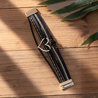 Bracelet en cuir bohème pour femmes, cœur creux, multi-rangs, fermoir magnétique, zircon