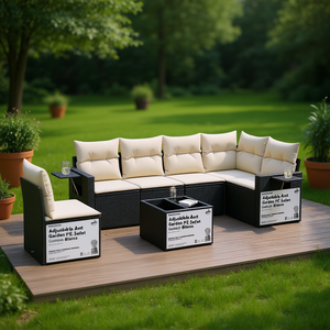 Adjustable Armrest Garden PE <b>Sofa</b> Set Medium Black Outdoor Furniture Contemporary Style 6 Seater <b>Rattan</b> - Product Image 2