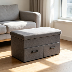Dark Gray Linen Modern <strong>Storage</strong> Bench Stool Padded <strong>Seat</strong> Top 2 Pull-out Drawers Foldable Multi-compartment <strong>Storage</strong> Bedroom - Product Image 1