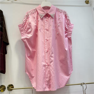 אופנה נשים חולצה מזדמנים חולצה שרוול עלים חרוזים עם כפתור קישוט בסגנון xs גודל דפוס מוצק עבור האביב/קיץ - Product Image 2