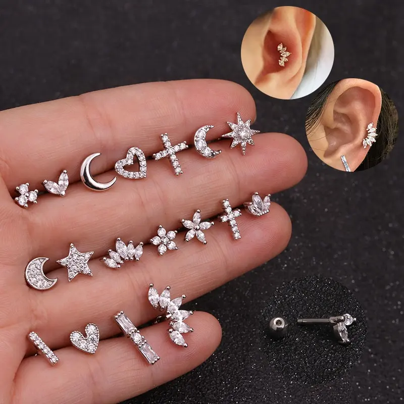 Silver Moon Star Knorpel Ohrring für Frauen Mädchen Mode Zirkonia Kleine Ohr stecker Ohr Piercing Schmuck
