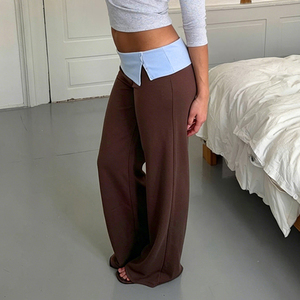 Comfy Breathable Low Paperbag Waist Solid Color <b>Pants</b> with Side Slit Casual <b>Summer</b> Fold-Over Trousers for Women - Product Image 3