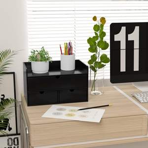 Modern Black <strong>Mini</strong> Bamboo Desk Organizer with Shelf Tabletop Cosmetic Storage <strong>Drawer</strong> for Office or Home Use - Product Image 5