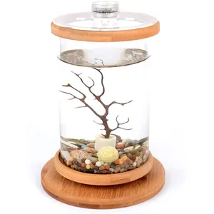 Mini décoration d'aquarium ronde transparente petit couvercle en bambou bol de réservoir de poisson Betta en verre rotatif