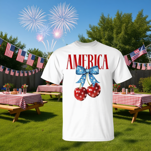 T-shirt pour femme avec nœud Coquette et drapeau américain, cerises américaines, 4 juillet - Product Image 3