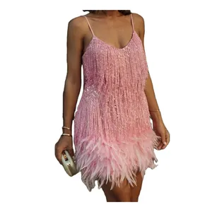 ZHEZHE nouvelle mode gland Sequin plume couture robe étincelante licou jupe Sexy V profond été femmes robe sans manches