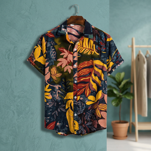 Chemise hawaïenne décontractée pour homme à manches courtes en sergé, imprimé feuilles tropicales noir et vert, respirante et écologique, idéale pour les vacances d'hiver - Product Image 2