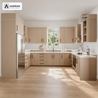 Armoires de cuisine personnalisées en mélamine au design minimaliste, aménagement en U, boîtes d'armoires en panneaux de mélamine et dimensions sur mesure