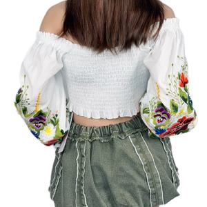 OEM - Nouveau haut court sexy à manches longues et épaules dénudées pour femmes, broderie personnalisée - Product Image 4