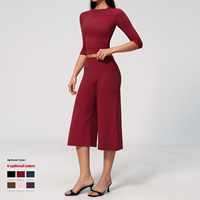 Maßgeschneidertes 2-teiliges Yoga-Set für Damen Halber Ärmel Rundhalsausschnitt Hohe Taille Kurzes Oberteil Weites Bein Schweißableitend Atmungsaktiv Weich Fitness-Bekleidung