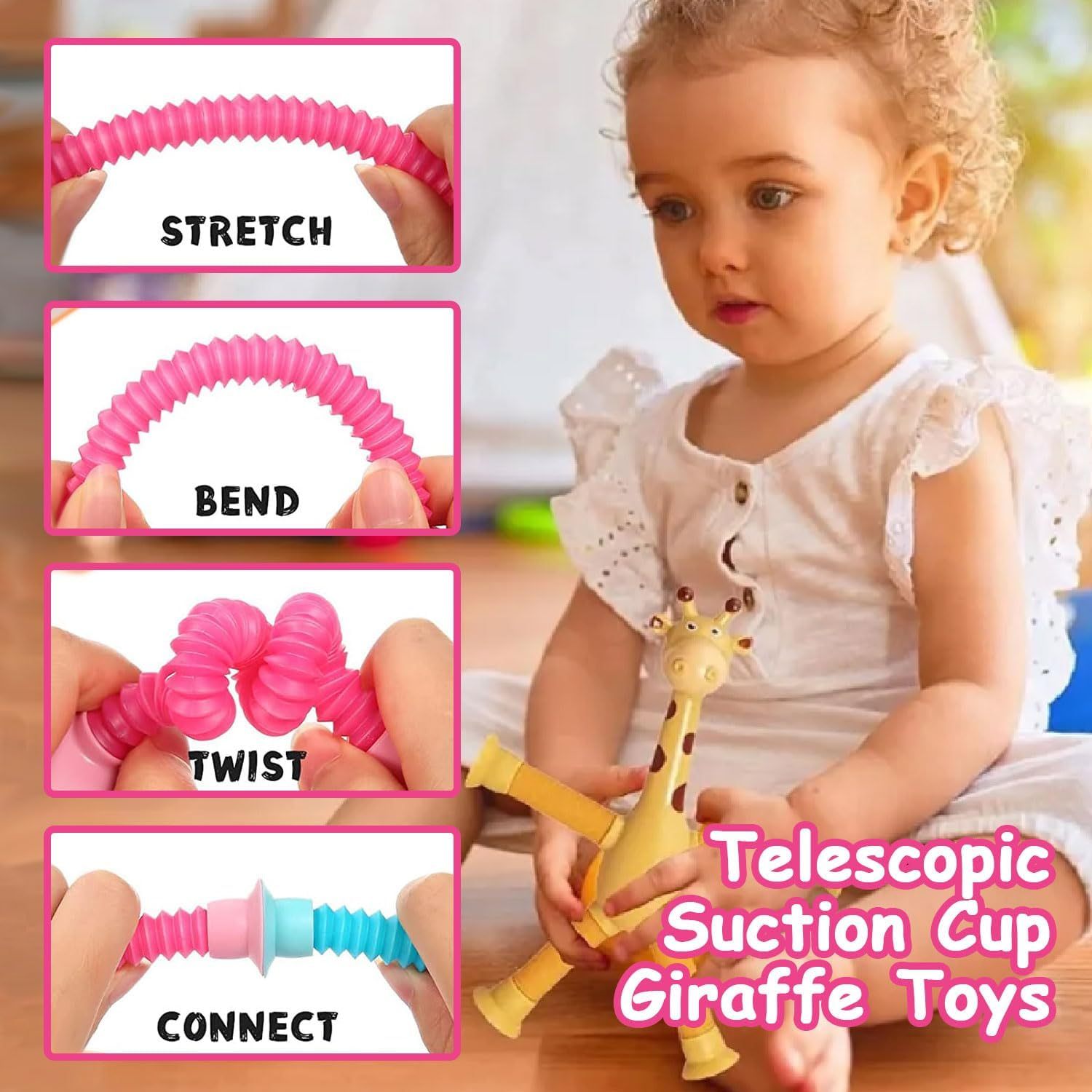 FIQLUL 4 Pièces Jouet Girafe Télescopique à Ventouse, Jouet Ventouse Bébé, Pop Tube Sensoriel et Éducatif, Cadeau Amusant de Soulagement du Stress pour Garçons et Filles