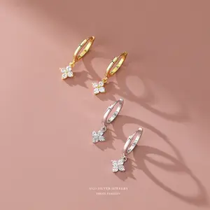 Dangle Hoop Earrings Classic Wholesale 2024 Summer 925 Sterling Silver Drop Earrings Zircon Pave Clover Dangle Hoop Earrings For Women