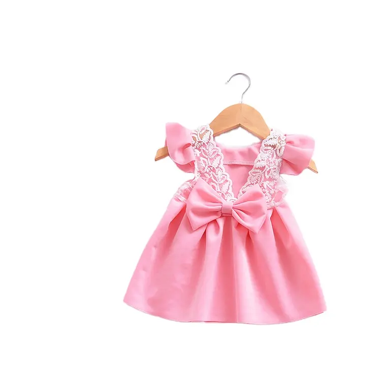 Großhandel Baby Kleidung Sommer Bogen Halfter Fliegende Ärmel Rosa Spitze Prinzessin Kleider Für Mädchen