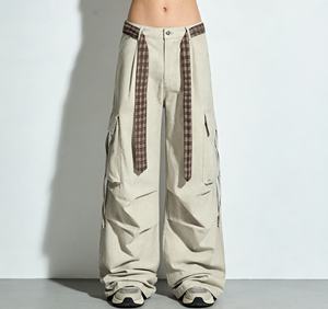 Pantalon utilitaire vintage en toile à carreaux, unisexe, multi-poches, texturé, coupe décontractée, jambe large, 100% coton, style urbain et workwear - Product Image 1