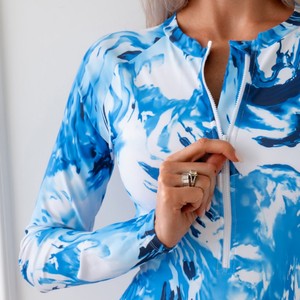 Maillot de bain une pièce imprimé à manches longues et fermeture éclair pour femme, SMLXLXXL, polyester, motif bleu et blanc - Product Image 3