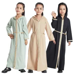 批发中东阿拉伯传统服装青少年长托贝长袍带兜帽童装穆斯林女童童装