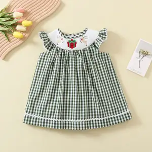 Best Selling Summer Clothing Cute Cartoon Animal Pattern Smocked Dress Christmas Plaid Embroidery Princess Dress For Baby Girl