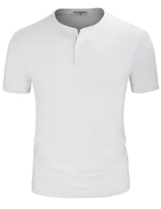 Low MOQ Wholesale Clothing Men Solid Color White Henley T Shirt