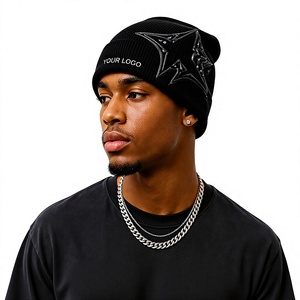 Custom Embroidered Logo Ribbed Beanie Hat Patch Black Knit Winter Warm Slouchy Skull <b>Cap</b> Jacquard Headwear for Men Women - Product Image 1