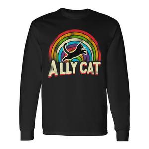 Camiseta de manga larga Ally Cat Pride Rainbow, color negro, unisex, talla para adultos - Product Image 1