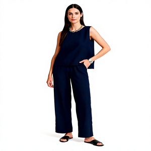 Conjunto de Pantalones Rectos y Top sin Mangas para Mujer, Poliéster/Algodón Satinado, Formal, de Secado Rápido, Antiarrugas, Materiales Reciclados - Product Image 1