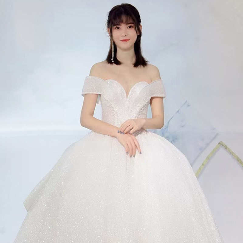 2022 new off shoulder wedding dress bride starry sky big tail dresses women casual for wedding shiny plus size wedding dress