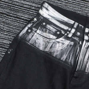 Jean droit noir foncé personnalisé style streetwear audacieux et avant-gardiste avec panneau de taille recouvert de feuille d'argent - Product Image 5