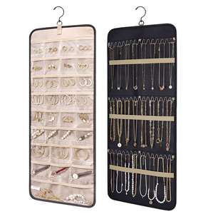 Double-Sided Hanging Jewelry Organizer <b>Storage</b> Roll With Hanger Metal Hooks for Earrings Necklaces Ring - Product Image 2