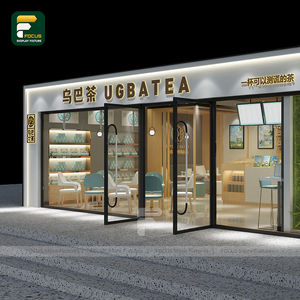 Mostrador de tienda de té de leche de madera, área de recepción de piedra de terrazo, tienda de bebidas personalizada, diseño de muebles, espacio minorista moderno - Product Image 2
