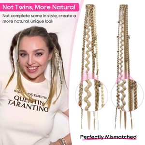 Extensions de cheveux tressés à clip pour femmes, 16 pouces, style bohème, dreadlocks, double trame, perles, breloques, 2 pièces, postiches synthétiques tressés - Product Image 3