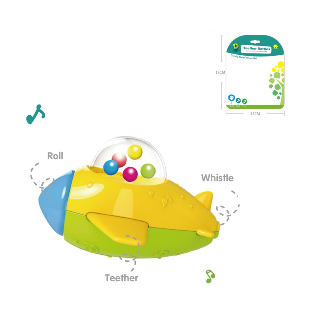 Пластиковый Прорезыватель для зубов в виде мультяшного самолета, детская погремушка со свистком