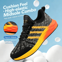 Chaussures de course et de marche respirantes pour hommes, noires, en tricot, avec logo personnalisé, semelle épaisse à rayures orange, vente en gros directe usine