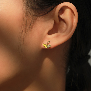 Boucles d'oreilles clous en argent sterling S925 personnalisables, version cuivre, feuille de Ginkgo porte-bonheur émaillée, or 14 carats, exclusives pour femmes - Product Image 5