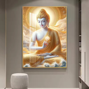 Tranh trang trí tường nghệ thuật Phật giáo Ấn Độ hiện đại sang trọng, khung vàng, đèn LED pha lê sứ, họa tiết luân xa thiền định - Product Image 6