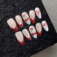 Autocollants pour ongles style européen et américain, effet œil-de-chat rouge cerise, manucure française avec nœud en strass nacré, tendance et féminin
