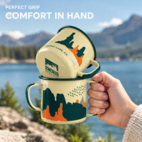 Mug Enamel Gunung yang Indah dengan Cawan Kopi Logam Berpinggiran Gulung Warna Navy untuk Hiking di Alam Liar, Perlengkapan Minum Api Unggun, Grosir