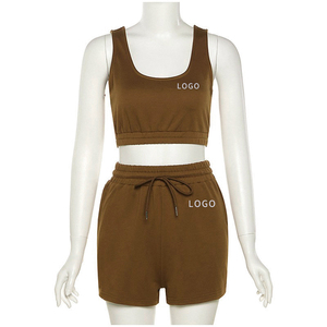 Femmes Jogging survêtement sans manches couleur unie Biker Shorts ensembles tricot côtelé deux pièces ensemble court femmes Shorts - Product Image 2