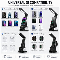 Chargeur sans fil rapide 6-en-1, lampe de bureau LED avec horloge numérique et alarme, station de charge pliable 15W pour téléphone, écouteurs et montre