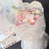 Emballage de bouquet de mariée en tulle 1,3x1m, dentelle florale brodée, maille à bord festonné, filet d'emballage pour fleurs de mariage