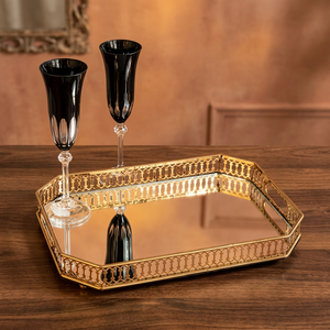 Elegant Gold <b>Mirrored</b> Serving Tray With <b>Octagonal</b> Design Polished Metal Finish Residential Use - Product Image 5