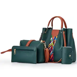 2022 4 adet Set moda bayanlar Metal kolları kova çanta büyük kapasiteli kadın el çantası Pu deri çantalar şerit tasarımı ile