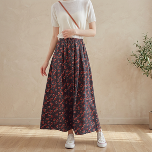 <b>Summer</b> Floral Printed Corduroy Wrap A-Line Floor-Length Pleated Elastic Waist Casual Loose <b>Skirt</b> - Product Image 3