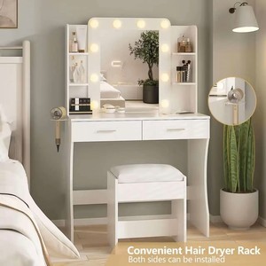 Tocador Moderno <span class=keywords><strong>de</strong></span> Madera <span class=keywords><strong>con</strong></span> Almacenamiento, <span class=keywords><strong>Espejo</strong></span> Desmontable e Iluminación - Escritorio <span class=keywords><strong>de</strong></span> Maquillaje para Dormitorio Pequeño <span class=keywords><strong>con</strong></span> Bombillas - Product Image 2
