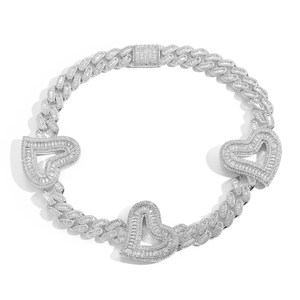 2025 nuevo Iced Out Hip Hop joyería de moda plateado Trio corazón collar de cadena cubana - Product Image 6