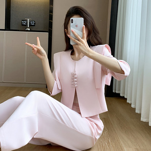 Women's Suit Set Pink Solid Color Crepe Breathable Casual Summer Style 2024 - Product Image 4
