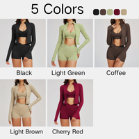 Ensemble de yoga 5 pièces pour femme : Veste zippée, soutien-gorge de sport dos nu, short taille croisée, leggings à poches, pantalon évasé – Tenue de sport et athleisure